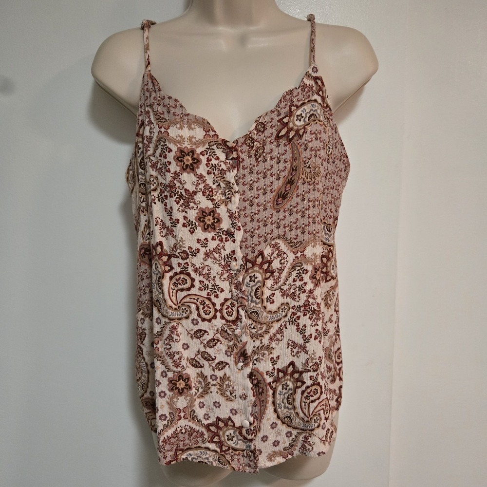 Daytrip Sz L Tank Top Beige Paisley Buttons Spaghetti Straps Boho Fairy Feminine